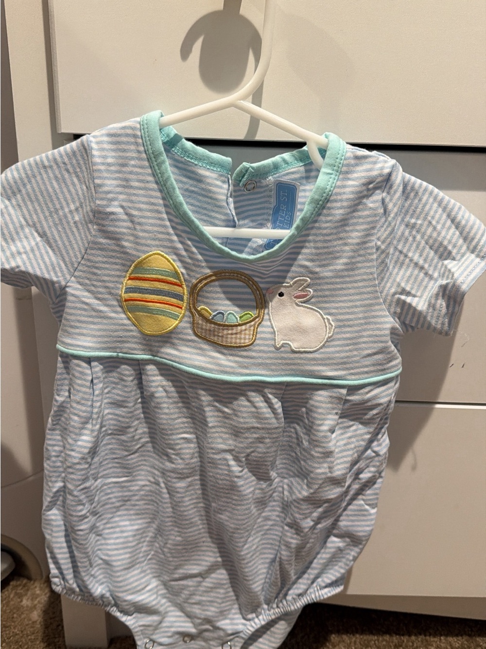 Light Blue Striped Easter Bunny Short Sleeve Pajama Set with Mint Trim